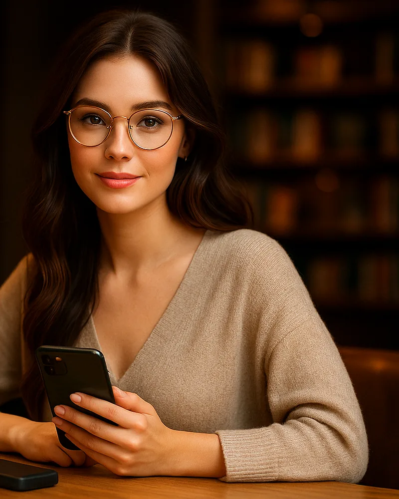 Стильная девушка в очках держит смартфон; на столе аксессуары: TWS, кабель, power bank.