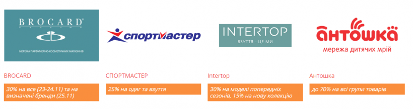 УКР ЗОЛОТО - до 70% на акционные товары с пометкой BlackFriday;   Эльдорадо - до 70% на выбранный ассортимент;   COMFY - до 50% на разные группы товаров;   АЛЛО, Мегамолл - 20-70% на 500 актуальных товаров;